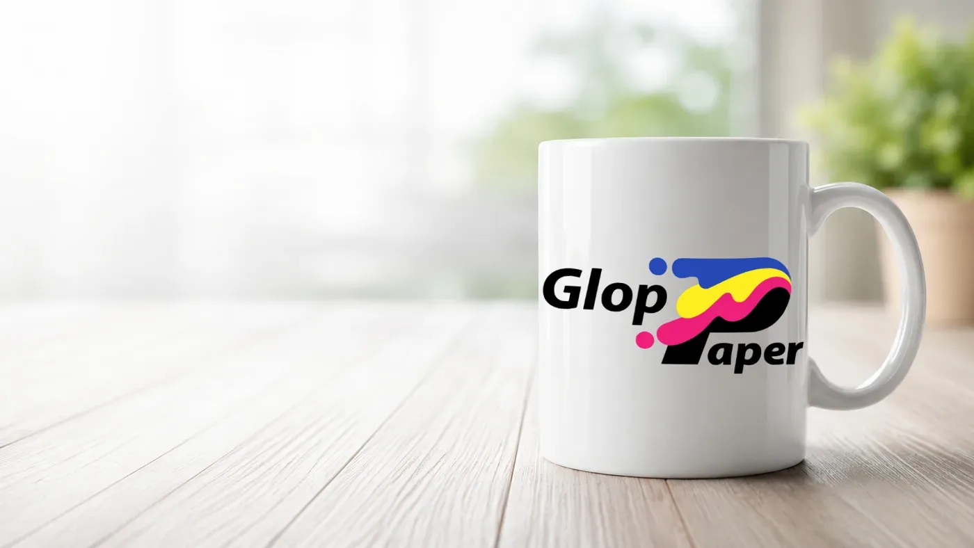 Taza blanca personalizada con el logotipo de GlopPaper